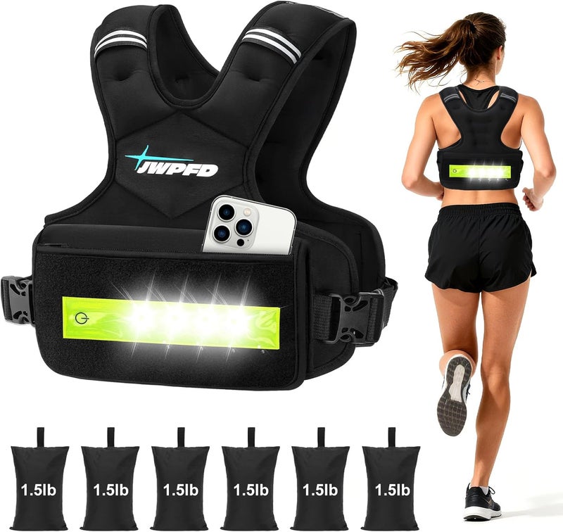 JWPFD Adjustable Weighted Vest for Women Men, 6-15 Lbs/12-18 Lbs Rucking Vest with LED Light Strips, Weight Vest with 6 Ironsand Weights, and Zipper Pocket for Strength Training, Walking, Running - Image 1